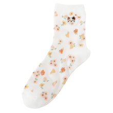 ふくふくにゃんこ 花柄刺繍クルーソックス