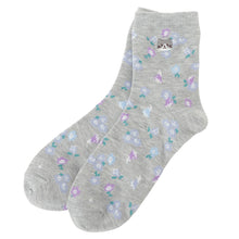 ふくふくにゃんこ 花柄刺繍クルーソックス