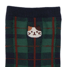 ふくふくにゃんこ チェック刺繍クルーソックス