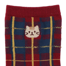 ふくふくにゃんこ チェック刺繍クルーソックス