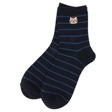 ふくふくにゃんこ 細ボーダー刺繍クルーソックス