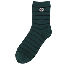 ふくふくにゃんこ 細ボーダー刺繍クルーソックス