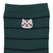 ふくふくにゃんこ 細ボーダー刺繍クルーソックス