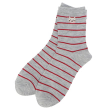 ふくふくにゃんこ 細ボーダー刺繍クルーソックス