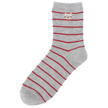 ふくふくにゃんこ 細ボーダー刺繍クルーソックス