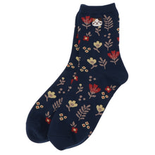 ふくふくにゃんこ 花柄刺繍クルーソックス