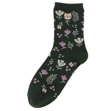 ふくふくにゃんこ 花柄刺繍クルーソックス