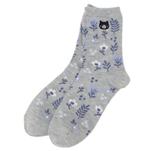 ふくふくにゃんこ 花柄刺繍クルーソックス