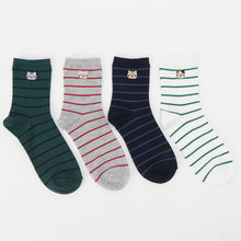 ふくふくにゃんこ 細ボーダー刺繍クルーソックス