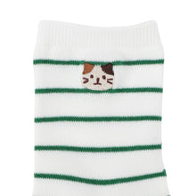  ふくふくにゃんこ 細ボーダー刺繍クルーソックス
