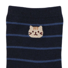  ふくふくにゃんこ 細ボーダー刺繍クルーソックス
