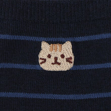  ふくふくにゃんこ 細ボーダー刺繍クルーソックス
