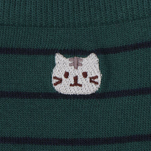  ふくふくにゃんこ 細ボーダー刺繍クルーソックス
