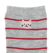  ふくふくにゃんこ 細ボーダー刺繍クルーソックス
