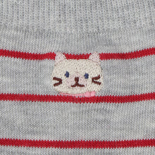  ふくふくにゃんこ 細ボーダー刺繍クルーソックス
