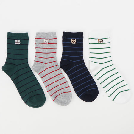 ふくふくにゃんこ 細ボーダー刺繍クルーソックス