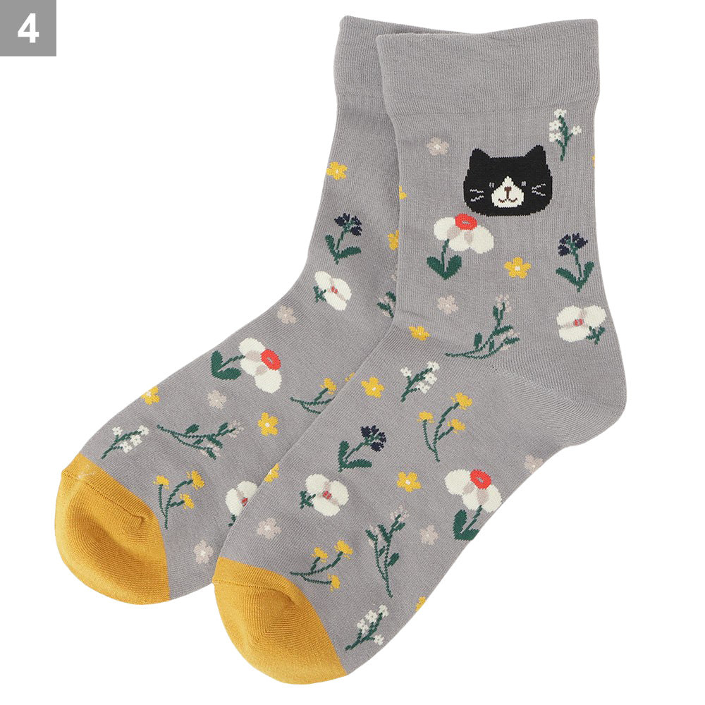 ふくふくにゃんこ 花柄クルーソックス